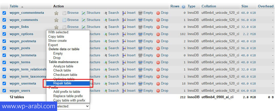 إصلاح جداول قاعدة البيانات عبر phpMyAdmin