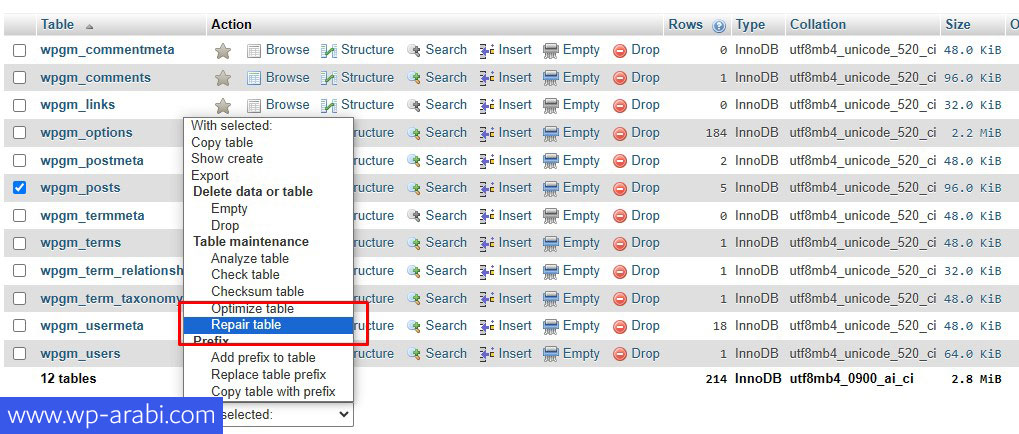إصلاح جدول محدد في قاعدة البيانات عبر phpMyAdmin