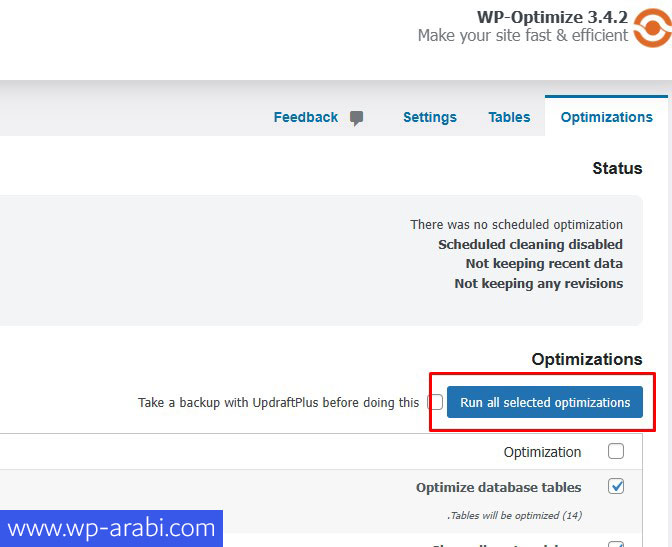 إعدادات إضافة WP-Optimize لتحسين قاعدة البيانات