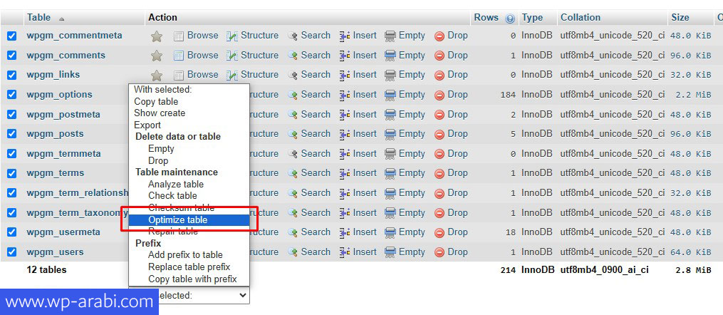 تحسين جداول قاعدة البيانات عبر phpMyAdmin
